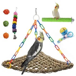 Hamaca de Hierba Marina Natural para Pájaros y Hámsters con Juguetes
