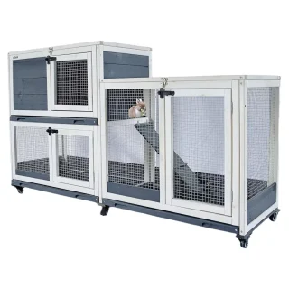 Hogar Móvil de Madera para Conejos/Cobayas de 2 Pisos (149×45.5×88.5 cm) Techo Abierto y Bandejas Extraíbles