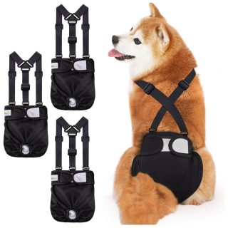 Paquete de 3 Pañales Lavables y Reutilizables con Tirantes para Perras Negro