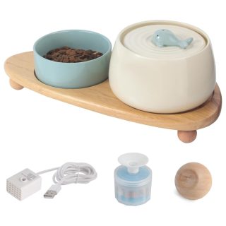 Fuente de Agua de Cerámica con Altura + Cuenco de Cerámica para Mascotas de 1.3 L