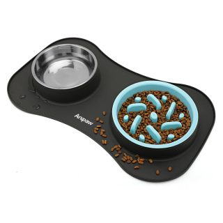 Cuencos de Alimentación Lenta 3 en 1 de Acero Inoxidable para Mascotas con Alfombrilla de Silicona Antideslizante Antiderrames
