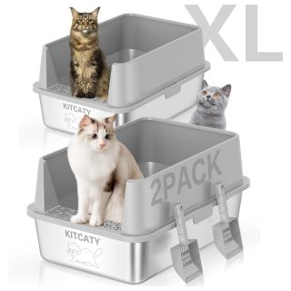 2 Arenero Abierto de Acero Inoxidable Grande para Gatos 40x60x30 Cm C/u