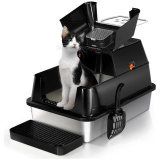 Arenero de Acero Inoxidable Extragrande con Tapa Abatible 180° para Gatos 60x40x38 Cm