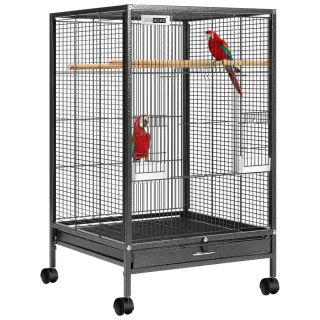 Jaula Grande de Acero con Ruedas y Bandeja Extraíble para Loros y Cotorras de 76x45x45 Cm
