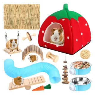 Kit 13 Piezas para Cuy y Conejo Pequeño | Cama Cueva XXL (26 cm), Juguetes Molares y 2 Comederos