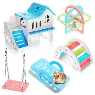 Kit Accesorios Jaula Hámster 5-en-1: Casa, Rueda y Juegos de Madera