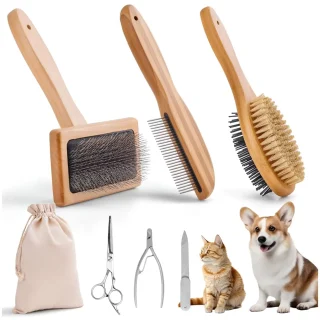 Kit de Aseo para Perros y Gatos de Bambú – Cepillo Doble Cara, Cortaúñas y Lima