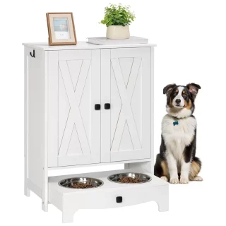 Mueble Comedero para Perros Blanco con Almacenamiento y Cajon Deslizable 60x35x80 cm