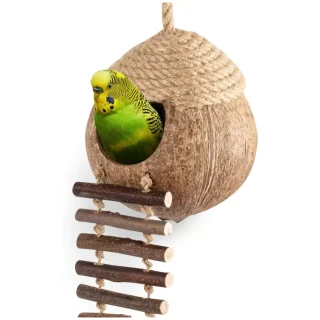 Nido y Juguete de Coco Natural con Escalera para Pájaros y Hámsters
