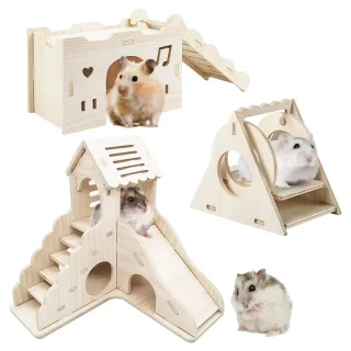 Pack 4 en 1 Hámster: 2 Casas + Columpio y Plataforma | Set de Madera No Tóxica para Roedores y Jerbos