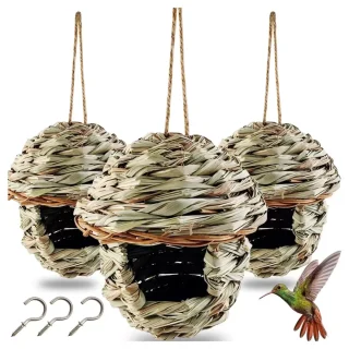 Pack de 3 Casas de Pájaros Tejidas a Mano | Nidos Colgantes de Paja Natural para Exterior