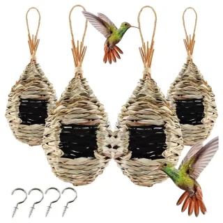 Pack de 4 Casas de Pájaros Tejidas a Mano | Nidos de Hierba de Hibisco para Interior y Exterior