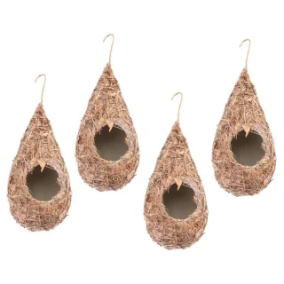 Pack de 4 Casas de Picaflor Tejidas a Mano | Refugio Colgante de Paja Natural para Jardín