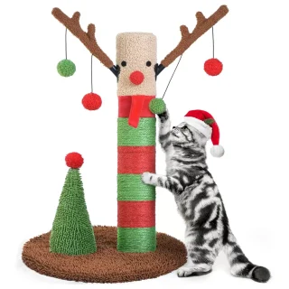 Rascador para Gatos (41x41x64 cm) Diseño Ciervo Navideño | 2 Postes de Sisal y Base Anti-Tambaleo
