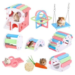 Set 10 Juguetes de Madera Colores para Hámster | Casa, Balancín y Columpio para Jerbos Antiestrés