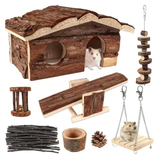 Set 17 Accesorios de Madera para Hámster y Jerbo | Incluye Casa (21x11x13 cm), Comedero y Juguetes Molares Antiestrés