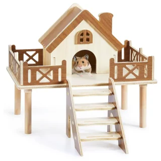 Set Plataforma + Escondite (30x20x11 cm) | Casa y Repisa de Madera Natural 2-en-1 para Hámster y Roedores