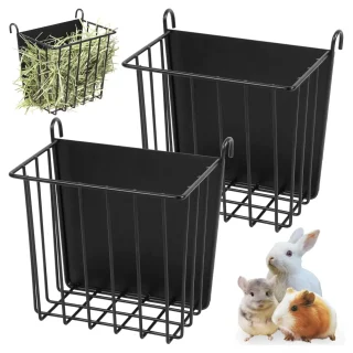 Set de 2 Heneras Metálicas Colgantes (Anti-Desperdicio) para Jaulas de Conejos, Cobayas y Cuy | 17.5×12×16.7 cm