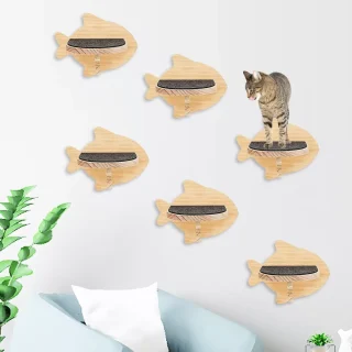 Set de 6 Repisas de Pared para Gatos (19x18x20 cm): Escalones de Madera Forma de Pez