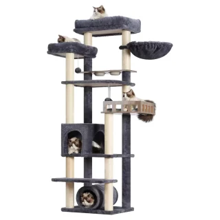 Torre Rascador Alta (167x53x43 cm): Estación de Alimentación y Firmeza Anti-Vuelco para Gatos
