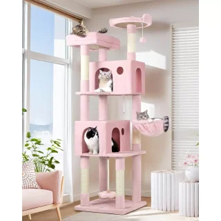 Torre Rascador Alta (180x45x45 cm) con Juguete de Flor Colgante y Doble Cueva para Gatos