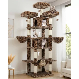 Torre Rascador Diseño Leopardo Gigante (204x55x45 cm) con 3 Perchas y Condominios para Gatos