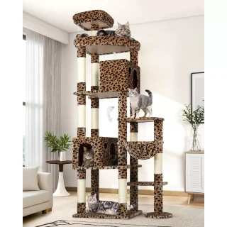 Torre Rascador Gigante Diseño Leopardo (213x94x45 cm) con Estructura Trapezoidal y 2 Condominios para Gatos Grandes