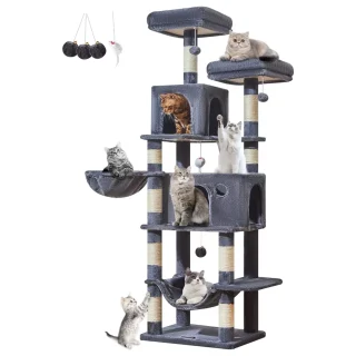 Torre Rascador Multi-Nivel (185x54x42 cm): 12 Postes de Sisal y Doble Cueva