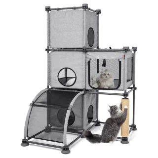 Torre Rascador de 3 Niveles (138x90x90 cm): Estructura de PVC y Casa de Malla Transpirable para Gatos