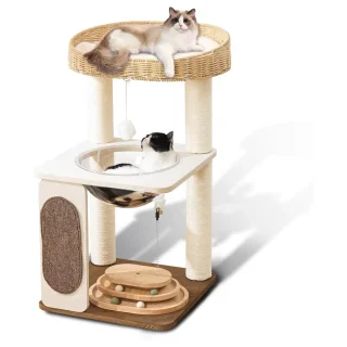 Torre Rascador de Madera (76x44x44 cm) con Capsula Espacial y Nido Tejido para Gatos