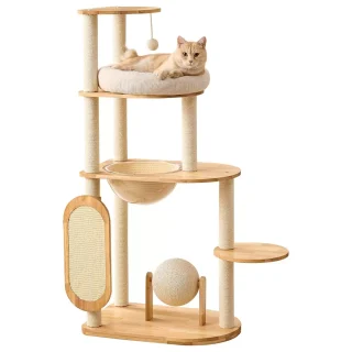 Torre Rascador de Madera Maciza (127x61x41 cm): Estabilidad para 5 Gatos y Cojines Lavables