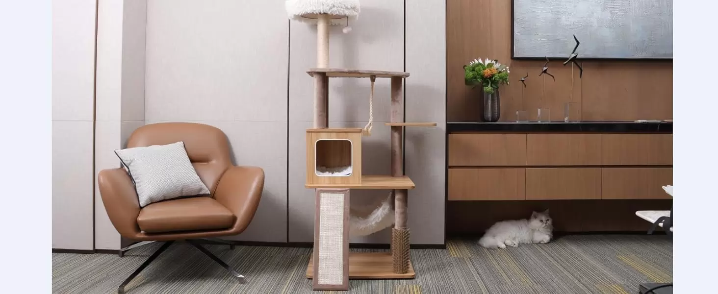 Torre Rascador de Madera Nórdica (155x60x45 cm): Estabilidad Reforzada y Diseño Minimalista para Varios Michis - Imagen 8