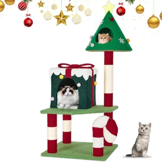 Torre de Gatos 2 Pisos (48x48x115 cm) | Diseño Navideño Regalo, 4 Postes de Rascado y Anti-Vuelco