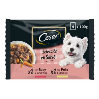 CESAR SELECCIÓN EN SALSA POLLO Y VERDURAS / BUEY Y ZANAHORIA 4x100gr