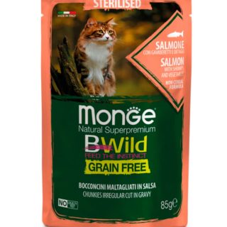 MONGE BWILD STERILISED SALMÓN, CAMARONES Y ZANAHORIA 85gr