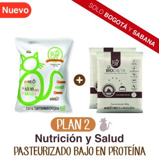 Plan Cuidado Renal 2: Arena Ecocat 2,27 Kg.+ 2 Biodieta pasteurizado bajo en proteína 1000 g. aprox.