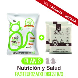 Plan Digestivo 3: Arena Ecocat 4,5 Kg.+ 2 Biodieta pasteurizado digestivo 1000 g. aprox.