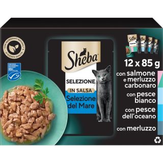 SHEBA SELEZIONE MULTIPACK CON SALMÓN Y ABADEJO, PESCADO BLANCO, PESCADO DEL OCÉANO Y BACALAO 12x85gr