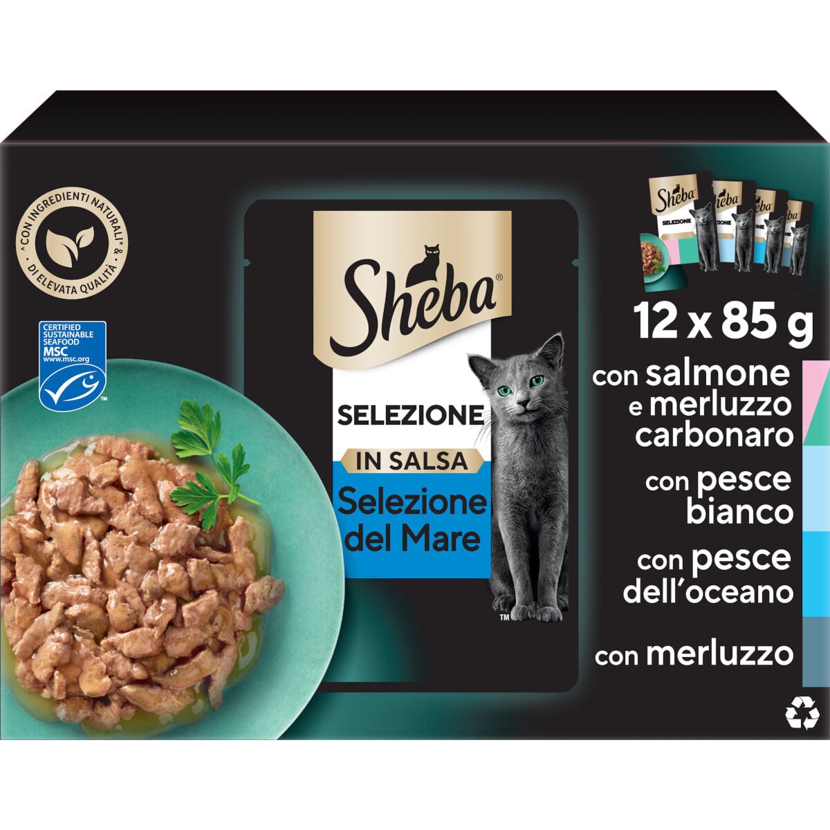 SHEBA SELEZIONE MULTIPACK CON SALMÓN Y ABADEJO, PESCADO BLANCO, PESCADO DEL OCÉANO Y BACALAO 12x85gr