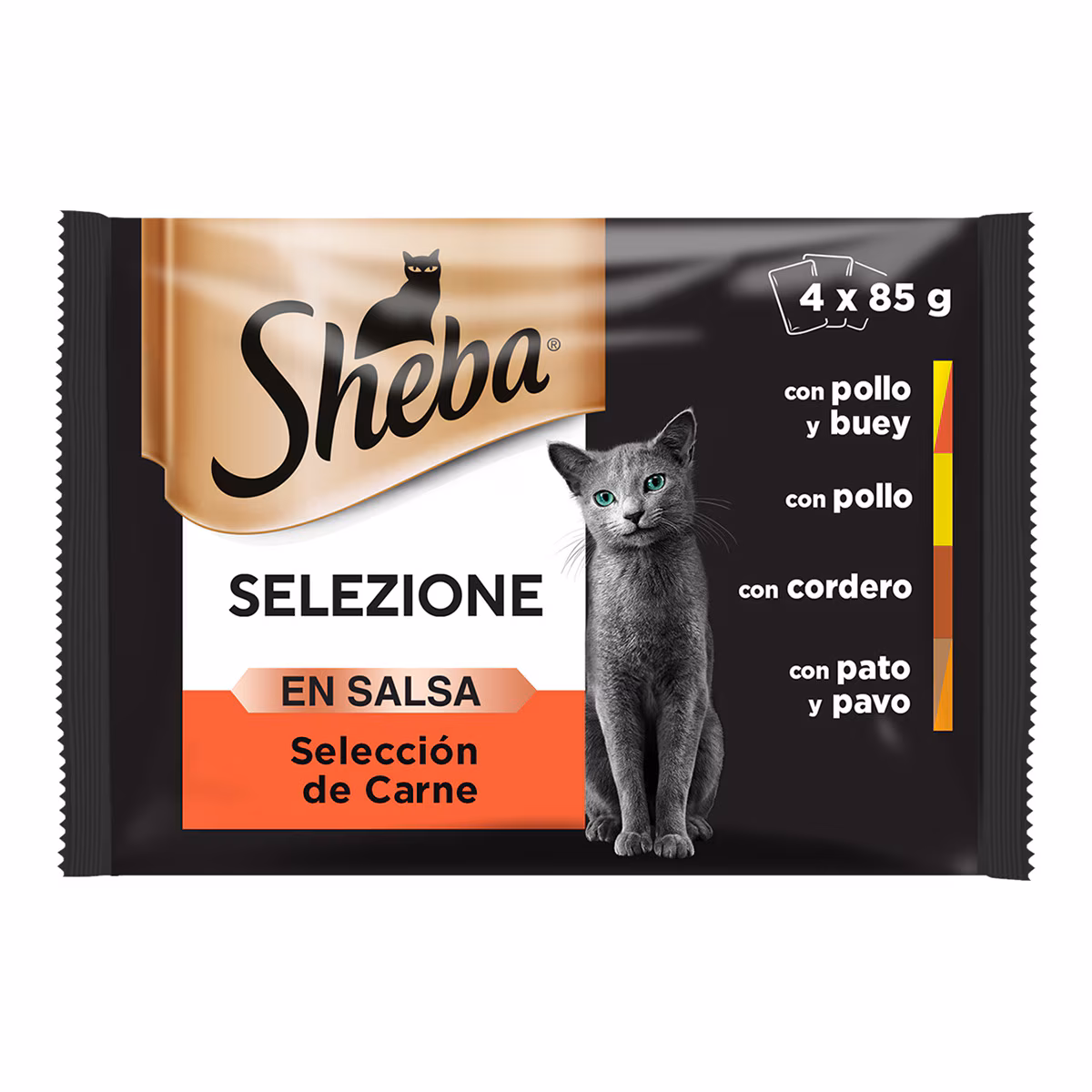 SHEBA SELEZIONE SELECCIÓN DE CARNE CON POLLO Y BUEY, POLLO, CORDERO O PATO Y PAVO 4x85gr