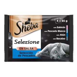 SHEBA SELEZIONE SELECCIÓN DE PESCADOS CON SALMÓN Y ABADEJO, PESCADO BLANCO, PESCADO DEL OCÉANO Y BACALAO 4x85gr