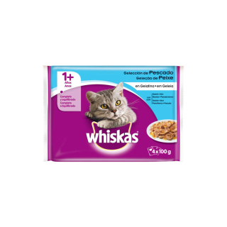 WHISKAS SELECCIÓN DE PESCADO SALMÓN, ATÚN, ABADEJO Y PESCADO BLANCO EN GELATINA 4x100gr